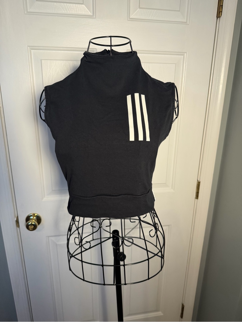 adidas Black Mock Neck Crop Top with White Three-Stripe Detail